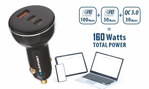 Blaupunkt BP 606 PD 160 Watts Ultra Fast Car charger for Laptops & Phones | Bowstrick.net
